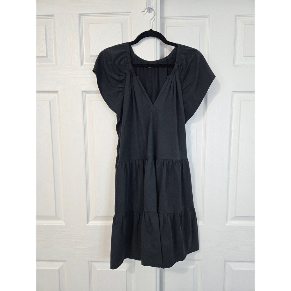 Banana Republic Black Tiered V-Neck Flutter Sleeve Mini Dress Petite L Cotton